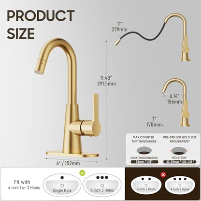 Brushed Gold Tall Bathroom Sink Faucet with Pull Down Sprayer, High Arc Single Handle Pull Out Faucet with Pop-Up Drain, 1 or 3 Hole Laundry Bar Basin Faucet with Deck Plate,WE10CL-ZY-BG - color: Brushed Gold