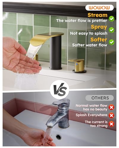 WOWOW Waterfall Bathroom Faucet 3 Holes 8Inch Widespread Bathroom Sink Faucet, Two Handles Lavatory Vanity Sink Faucets with Pop-up Drain & Supply Hoses, Modern Faucet Mixer Taps Black and Gold - color: Black and Gold