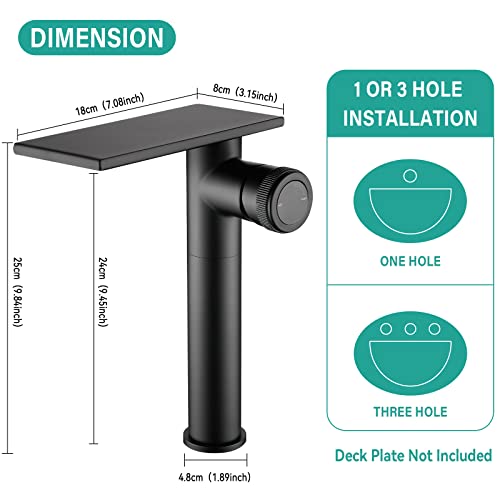 becola Modern Matte Black Bathroom Faucet，Tall Waterfall Faucet for Bathroom Sink，Single Hole Cold and Hot Basin Mixer Tap，Single Handle Vanity Faucet with Adjust Knobs and Two Supply Lines - color: Matte Black, size: Tall