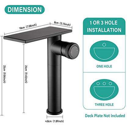 becola Modern Matte Black Bathroom Faucet，Tall Waterfall Faucet for Bathroom Sink，Single Hole Cold and Hot Basin Mixer Tap，Single Handle Vanity Faucet with Adjust Knobs and Two Supply Lines - color: Matte Black, size: Tall