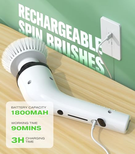 Electric Spin Scrubber, 3-Speed Flat End Brush with 8 Brush Heads & Base, Adjustable Long Handle, Digital Display, 2500mAh Fast Charging, for Bathroom, Tub, Tile, Floor（White - color: White