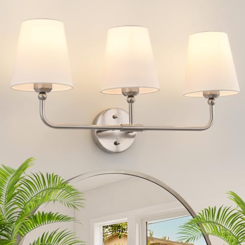 Bathroom Light Fixtures, 3-Light Brushed Nickel Vanity Lights, 25" Bathroom Lighting Fixtures Over Mirror with White Flared Fabric Shade, Modern Wall Sconces for Bathroom Bedroom Living Room Hallway - color: Brushed Nickel, size: 3-Light