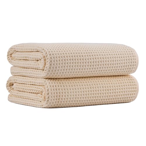 MICROFI New Microfiber Waffle Bath Towels, 2 Pieces, Oversized, Soft, Absorbent, Fast Drying, Lint Free 430 GSM (30''x60''/76cm x 152cm) - color: Champagne