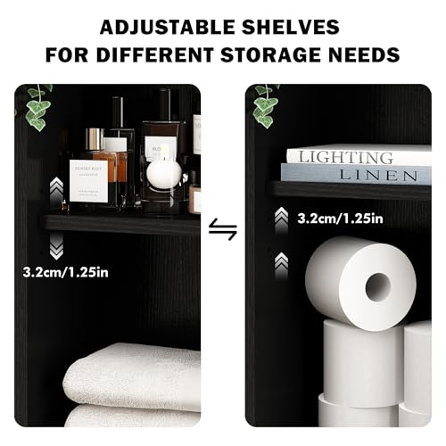 RUSTOWN Boho Rattan Bathroom Wall Cabinet with Sliding Door, Black | Farmhouse Bathroom Cabinet, Adjustable Shelves, Over The Toilet Storage Cabinet, 3-Tier Wall Mounted Cabinets - color: Black