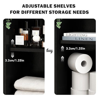 RUSTOWN Boho Rattan Bathroom Wall Cabinet with Sliding Door, Black | Farmhouse Bathroom Cabinet, Adjustable Shelves, Over The Toilet Storage Cabinet, 3-Tier Wall Mounted Cabinets - color: Black