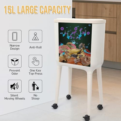 XPIY 4 Gallon Trash Can with Wheels and Lid, Modern Narrow Garbage Can with Raised Legs, Space-Saving Rolling Dog-Proof Trash Bin for Bathroom, Kitchen, Bedroom, Office (1, White-1) - color: White-1