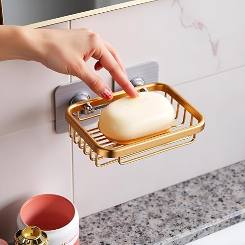 2Pcs Gold Stainless Steel Adhesive Soap Dish,Secure Bar Soap Holder for Shower Wall,Drill Free Soap Holder Storage Rack, Rack Soap Tray Bar for Bathroom and Kitchen Soap Dishes