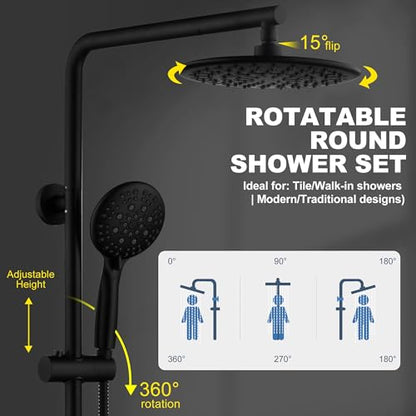 SonTiy 5-Function Retrofit Shower System Matte Black 9 Inch Rain Shower Head with Handheld Spray, Outdoor Stainless Steel Shower Rail Kit for Shower Remodel 2.5Gpm