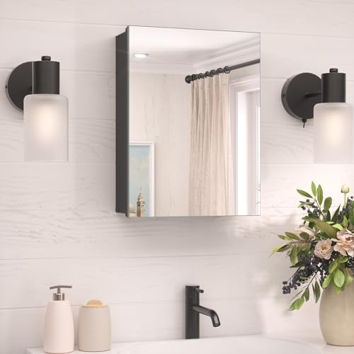 TokeShimi 14 x 18 Black Medicine Cabinet, Aluminum Mirror Medicine Cabinet Wall Mounted or Recessed with Stepless Adjustable Amply Storage - color: Black, size: 14x18 in