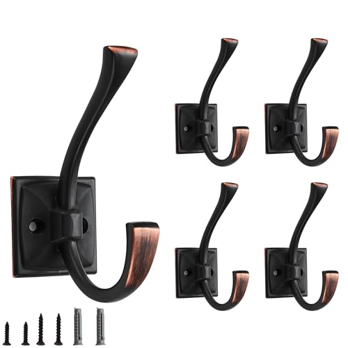 5 Pack Decorative Heavy Duty Towel Hooks for Hanging Robe Double Oil Rubbed Bronze Coat Hooks Wall Mounted with Screws for Key, Towel, Bags, Cup, Hat - color: Oil Rubbed Bronze