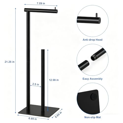 Black Toilet Paper Holder Stand Metal Toilet Paper Roll Holder with Reserve, Freestanding TP Holder Toilet Paper Storage Holder