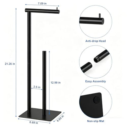Black Toilet Paper Holder Stand Metal Toilet Paper Roll Holder with Reserve, Freestanding TP Holder Toilet Paper Storage Holder