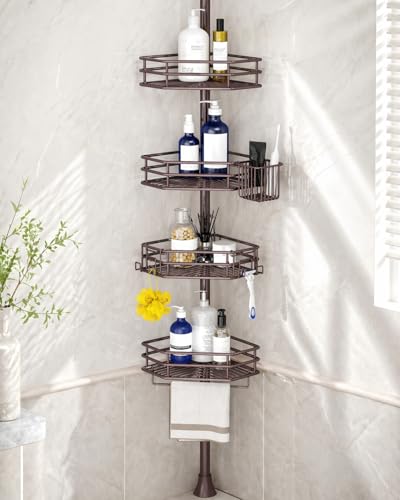 Corner Shower Caddy Tension Pole, Quick Setup, Rust-Free Bathroom Shower Organizer Corner for Bathtub Shampoo Storage, 4-Tier Adjustable Shelf, Drill Free, Fits 34 to 116 Inch Height, Bronze - color: Bronze