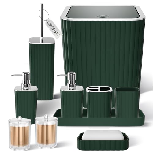 XLHOMO Bathroom Accessories Set - Gorgeous Green Bathroom Set, 10PC Green Bathroom Accessory Set, Bathroom Sets with Toilet Brush, Bathroom Trash Can - size: Bath Set, style: Dark Green&Silver
