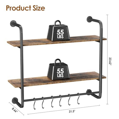 2 Tier Industrial Pipe Floating Shelf, 31.5" Kitchen Wall Shelves | with Towel Bar & 6 Hooks, Coffee Bar Shelves Display Bookshelf Wall Shelf for Kitchen, Bathroom, Home Décor, Rustic Brown - size: 31.5 Inch（2 Tier）