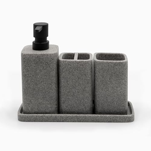 Bathroom Accessory Sets, 4 Pieces Bathroom Accessories Complete Set Vanity Countertop Accessory Set, Includes Lotion Dispenser Soap Pump, Tumbler, Toothbrush Holder and Tray (Grey) - color: Gray