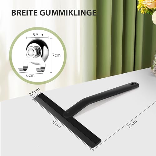 Shower Squeegee Black Set with Holder, 28 cm Wide Silicone Squeegee for Shower Screen Squeegee, Bathroom Window Squeegee with Stainless Steel Core, Suction Cup Holder for Bathroom Peel Off - size: 23cm