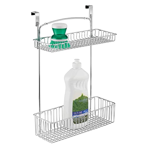 mDesign Over Cabinet Kitchen Storage Unit - Practical Organiser with Stainless Steel Storage Baskets - Hanging Cupboard Organiser for Cleaning Supplies and Cookware - Chrome