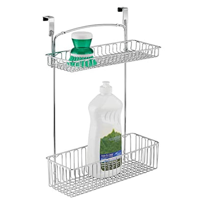 mDesign Over Cabinet Kitchen Storage Unit - Practical Organiser with Stainless Steel Storage Baskets - Hanging Cupboard Organiser for Cleaning Supplies and Cookware - Chrome