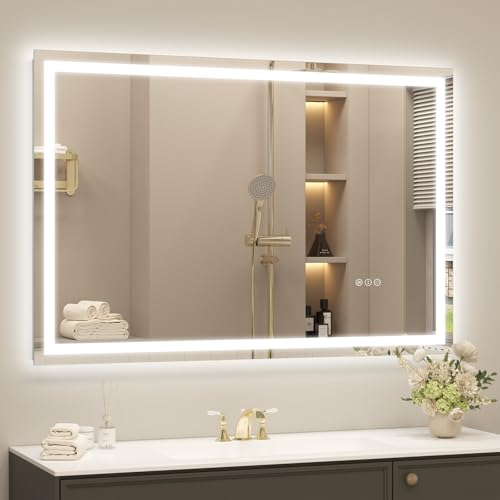 48x32 LED Lighted Bathroom Mirror for Vanity Wall | Front Light and Backlit, Anti-Fog, Memory, 3 Color, Tempered Glass, Dimmable, Rectangular, UL, Horizontal/ Vertical Mounted - color: Rectangular Led Bathroom Mirror, size: 48"L x 32"W
