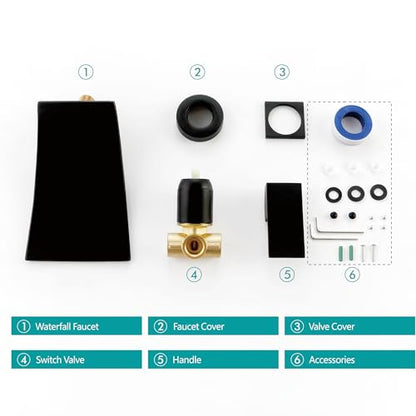 SKOWLL Matte Black Wall Mount Bathroom Faucet, Single Handle Bathroom Sink Faucet, Modern Waterfall Wall Mount Bathtub Faucets with Independent Swich, Filler Rough-in Valve Included - color: Matte Black