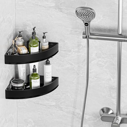 Wisfame Black Corner Shower Caddy, Triangle Shower Shelf No Drilling, Metal | Rustproof Aluminium, Adhesive & Drill Installation, Wall Mounted, 2 Pack, Bathroom Shampoo Holder for Toiletries