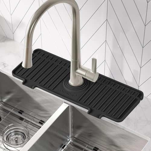 Amerner Kitchen Sink Splash Guard, 10° Large Slope & Adaptable Hole Faucet Mat for Kitchen Sink, Silicone Sink Organizer Sponge Holder for Kitchen, Bathroom, RV, Bar, 14.2” x 5.1”, Black - color: Black, size: 14 IN