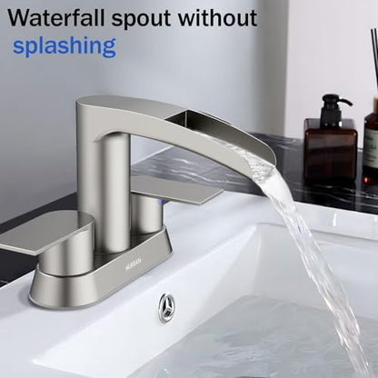 Bathroom Sink Faucet for 3 Hole, Hurran 4 Inch Bathroom Faucets with Pop-up Drain, Stainless Steel 2-Handle Waterfall Faucet for Sink, Brushed Nickel - color: Brushed Nickel