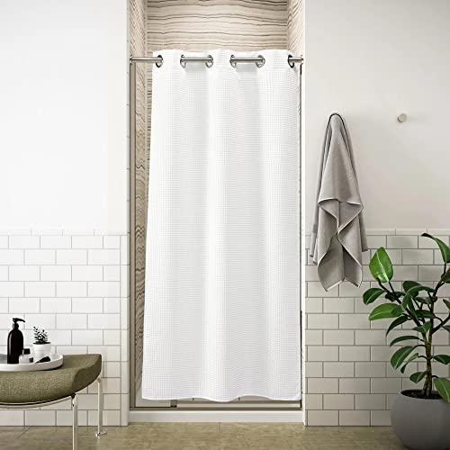 River Dream 36" W Stall Waffle No Hook Shower Curtain with Snap-in Liner,Cotton Blend Fabric Shower Curtain for Bathroom, White,36Wx74L