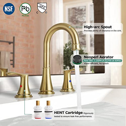 Brushed Gold Widespread Bathroom Sink Faucet 8 Inch for Vanity | with All Metal Pop Up Drain, High Arc 2 Handle Lead-Free Deck Mount Bathroom Faucet for 3 Hole Lavatory Utility Sink - color: Brushed Gold
