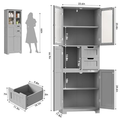 BOTLOG 67'' Tall Bathroom Storage Cabinet with Adjustable Shelf | Frosted Glass Doors, Wood Drawers, Kitchen Pantry Line Cabinet for Kitchen Bathroom, Living Room, Grey - color: Light Grey
