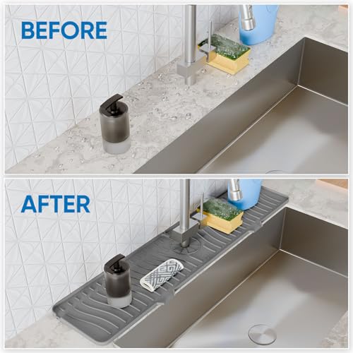 24 inch Longer Faucet Mat for Kitchen Sink Splash Guard[5° Slope Fast Self-draining]Kitchen Sink Faucet Mat Splash Guard Kitchen Sink Area Water Splash Guard