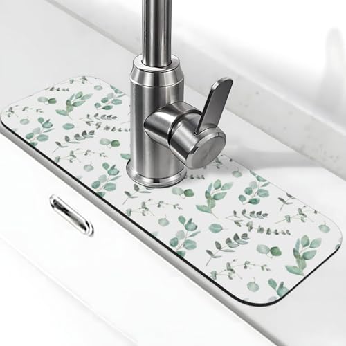Watercolor Sage Green Grass Leaves Kitchen Sink Splash Guard Faucet Mat Super Absorbent Fast Drying Mat Sink Gadgets-Fast Drying Pad Sink Mat For Kitchen Bathroom (15" X 5.5" ) - color: Sage Leaves