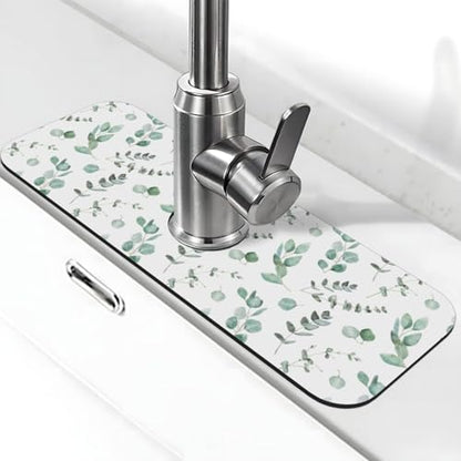 Watercolor Sage Green Grass Leaves Kitchen Sink Splash Guard Faucet Mat Super Absorbent Fast Drying Mat Sink Gadgets-Fast Drying Pad Sink Mat For Kitchen Bathroom (15" X 5.5" ) - color: Sage Leaves
