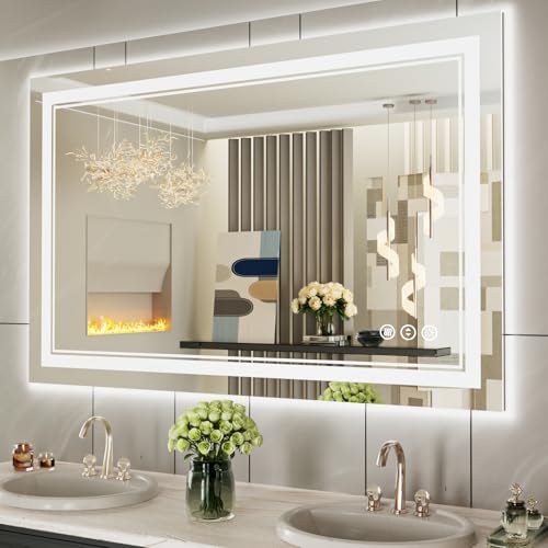 48x30 Inch LED Bathroom Mirror with Lights | Front and Backlit, 3 Colors, Dimmable, Memory, Anti Fog, Shatterproof, Horizontal/Vertical, Lighted Mirrors for Bathroom Wall - color: Dual Lights, size: 48"L x 30"W