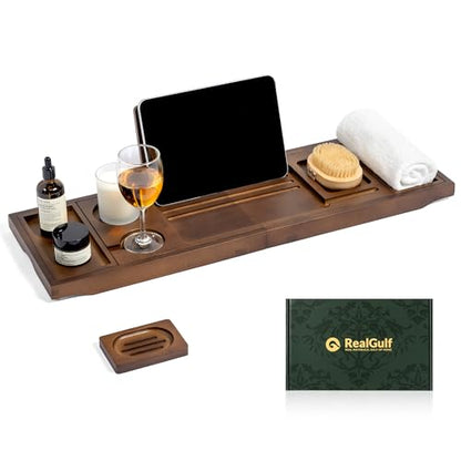 Bamboo Bathtub Tray, Brown Bath Caddy | Wine Glass Holder, Phone Dock, Book Stand, Hands Free Reading, Spa Relax Bath Accessory - color: Modern Brown Bamboo