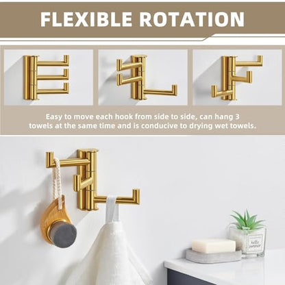 Suyar Brushed Gold Towel Hook, Bathroom Coat Robe Holder with 3 Swivel Arms | SUS304 Stainless Steel, Wall Mounted - color: Brushed Gold, size: 1 Pack