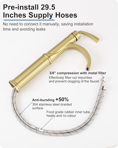 Tall Vessel Sink Faucet, Brass Waterfall Bathroom Sink Faucet Single Handle, Gold Bathroom Faucet 1 Hole, Tall Bathroom Faucets with Pop-Up Drain Water Supply Hoses - color: Brushed Gold