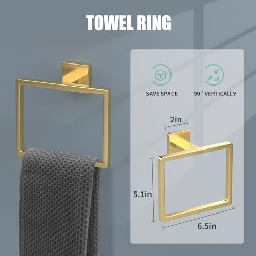 5 Piece Gold Towel Bar Set Bathroom Hardware Set Gold Bathroom Accessories Set with 2 Towel Hook, Stainless Steel Wall Mounted Bathroom Towel Rack Set Square 16-Inch - color: Brushed Gold, size: 16 IN