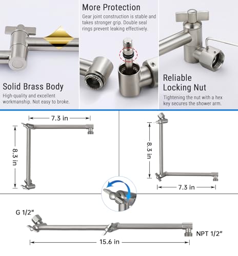 G-Promise 16 Inch Shower Extender with 6Inch Arm and Flange(Brushed Nickel) | Solid Brass Construction, Height and Angle Adjustable, Standard Connection Thread, All Installation Tools Included - color: Brushed Nickel, style: 16 Inch