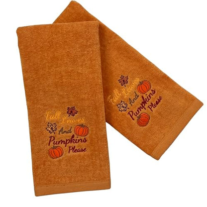 Autumn Harvest Fall Bathroom Guest Hand Embroidered Towels 2 Pc Set: Fall Leaves and Pumpkins Please Design Bath Plush Rust Orange Towels, 100% Cotton, 16" x 25" Inches, Oeko-TEX Certified - color: Fall Leaves Please
