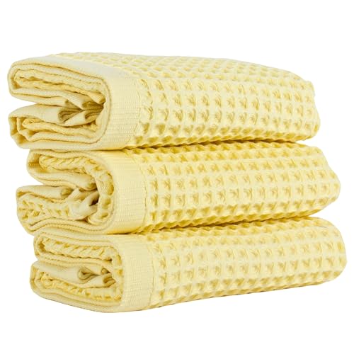 PÜSKÜL Natural 100% Turkish Cotton Waffle Kitchen Towels Set of 3 | Oeko-Tex, Premium Waffle Hand Towels for Bathroom | Soft Absorbent Quick-Dry Lint-Free Dish Towel Large 32x16 inch (3, Light Yellow) - color: Light Yellow