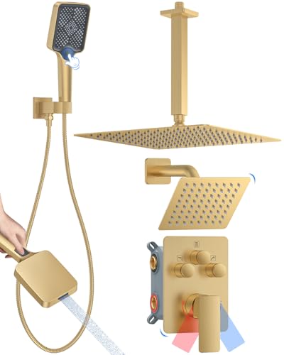 Shower System with Pressure Balance Valve, 12" Ceiling Mount Shower Faucet Set with 2 Rain Shower Head And Multi-function Handheld Head Push Button Diverter Pressure Balancing Valve Kit, Brushed Gold - color: Brushed Gold, style: 12"-Square-01