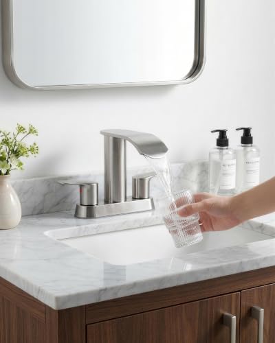 WOWOW Waterfall Centerset Brushed Nickel 4 inch Bathroom Faucet 3 Hole - color: Brushed Nickel