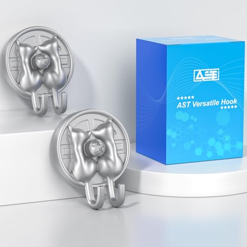 AST Cute Double-Cat Suction Cup Hook, 2 Pack, Heavy Duty Hooks, Upgraded Reliable Force of both Adhesion and Vacuum, Wall Holders for Loofah, Towel, Coat and Bath Robe, Waterproof Hanger, Matte Silver