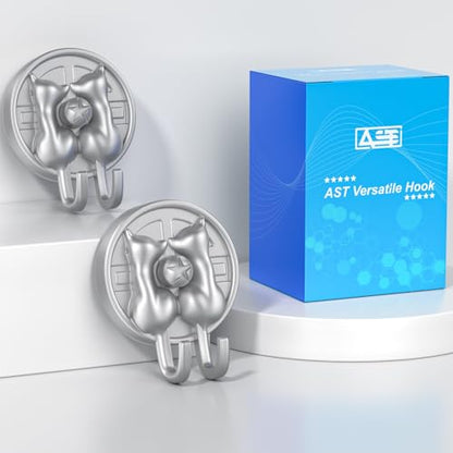 AST Cute Double-Cat Suction Cup Hook, 2 Pack, Heavy Duty Hooks, Upgraded Reliable Force of both Adhesion and Vacuum, Wall Holders for Loofah, Towel, Coat and Bath Robe, Waterproof Hanger, Matte Silver