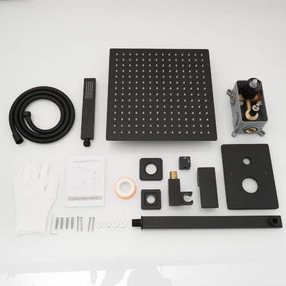 Matte Black Shower System 16 Inch Bathroom Luxury Rain Mixer Shower Combo Set Wall Mounted Rainfall Shower Head and Handheld System Shower Faucet Set Rough-in Valve Body and Trim Kit - color: Matte Black, size: 16 Inch