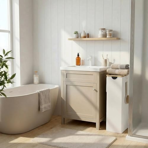 efluky Slim Laundry Basket with Lid, Narrow Laundry Hamper with Removable Bag, Skinny Dirty Clothes Basket with Bamboo Handles for Bathroom, Bedroom & Laundry Room, 75L Beige - color: Beige, size: 75L