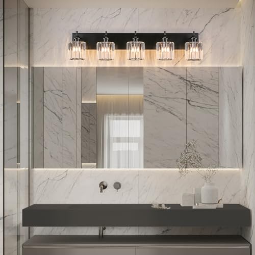 Black Crystal Bathroom Vanity Lights, Modern 5-Lights Bathroom Lighting Fixtures Over Mirror, Crystal Wall Lighting with Round Shade - color: Black-Round Shade, size: 5-Light