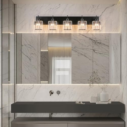 Black Crystal Bathroom Vanity Lights, Modern 5-Lights Bathroom Lighting Fixtures Over Mirror, Crystal Wall Lighting with Round Shade - color: Black-Round Shade, size: 5-Light